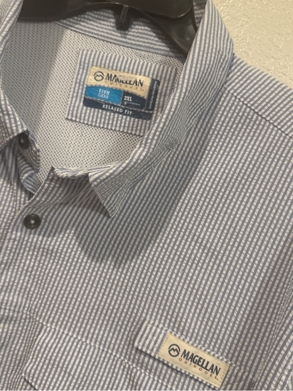Magellan Outdoors Men’s Blue and White Thin Striped Button-Down Shirt